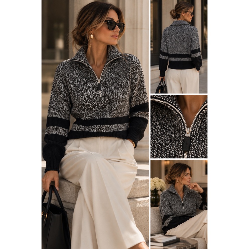 Lauren Ralph Lauren Active Black White Marled Quarter Zip Cotton Sweater Small